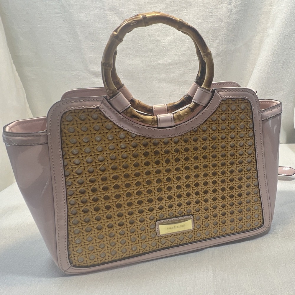 Anne Klein Pink Patent Satchel Top Handle Woven Bamboo Handle Detachable Strap